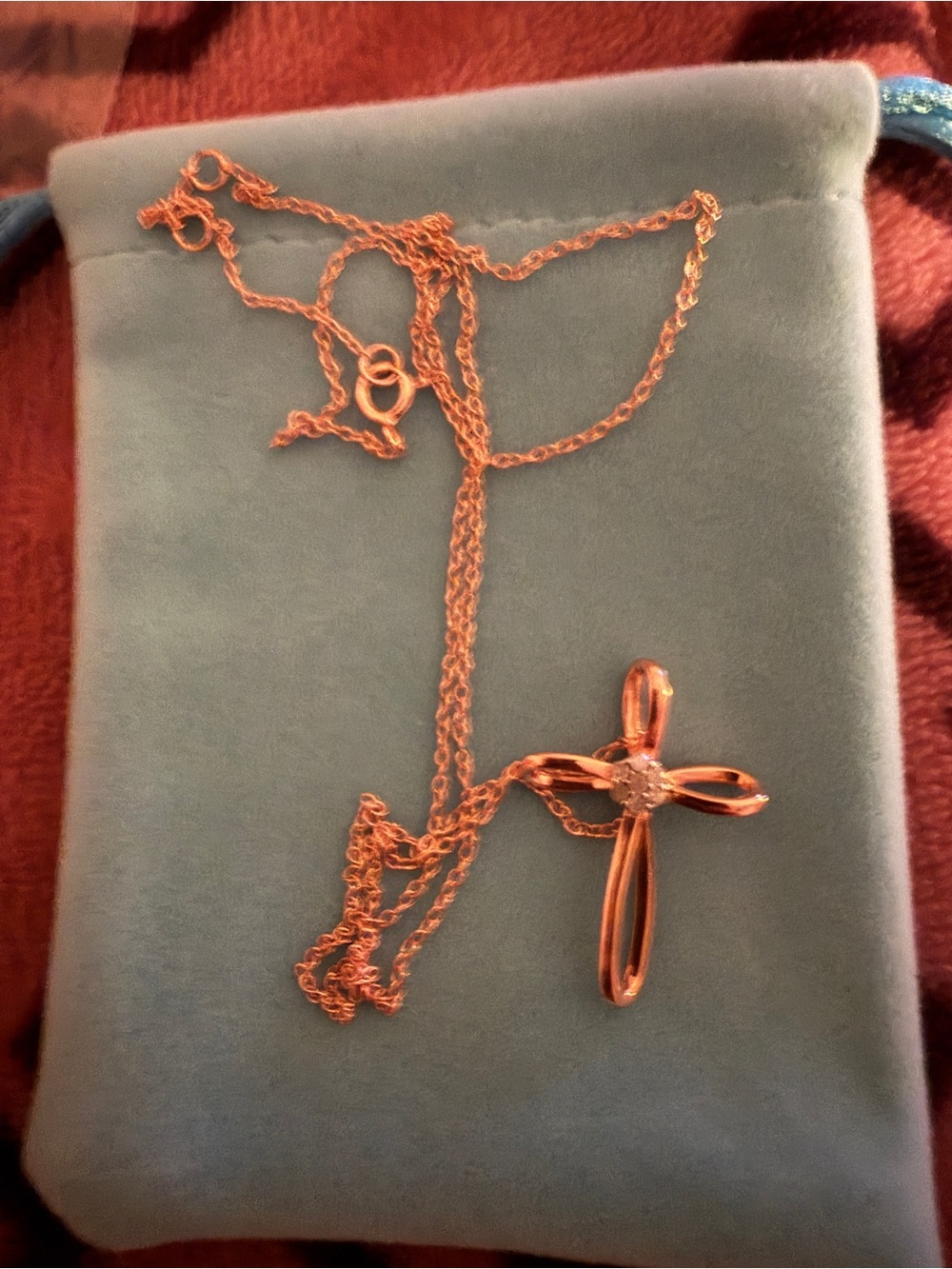 Rose Gold over Sterling Cross Pendant Necklace wi NATURAL DIAMOND Center Stone